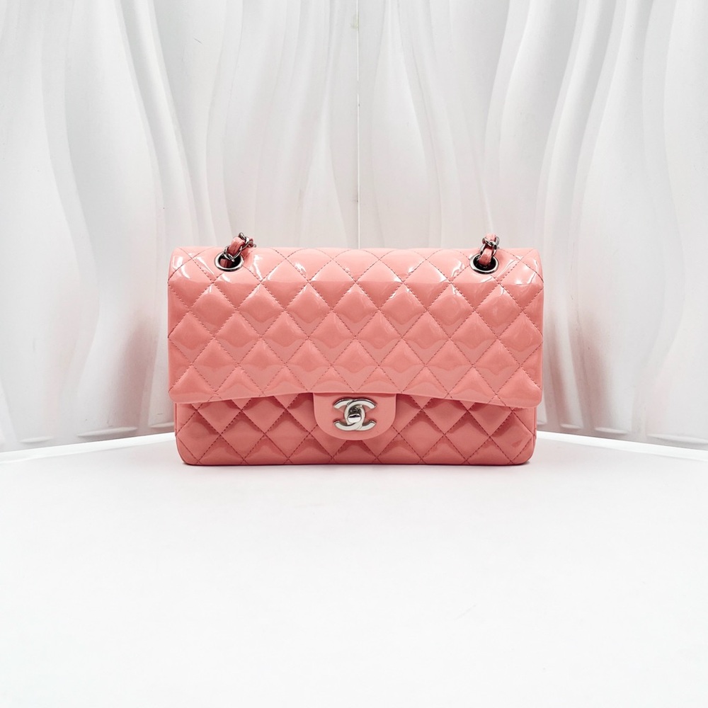 CHANEL Classic Flap Double Flap Bag Pink Patent Leather Silver CC Logo